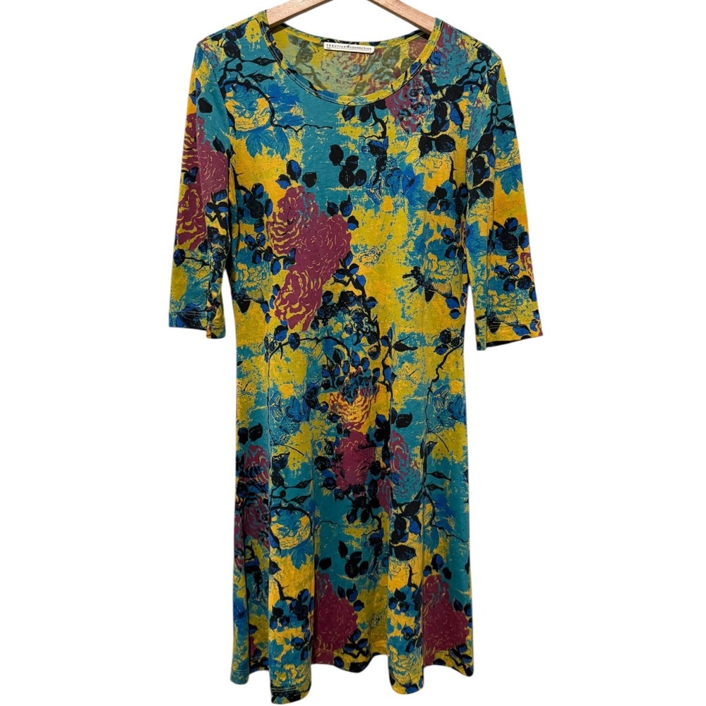 Peruvian Connection Dress Womens Sz S Floral Pima Jersey Artsy Boho 3/4 Sleeve